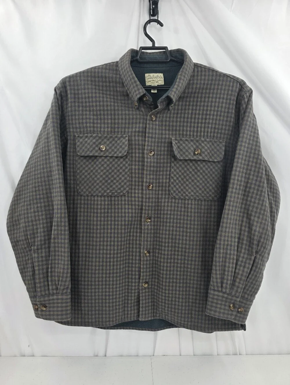Cabela's Fleece Lined Flannel Shacket Large Green Check Long Sleeve Button Up